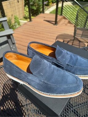 Bontoni Navy Suede Penny Loafers with Tan Lining.